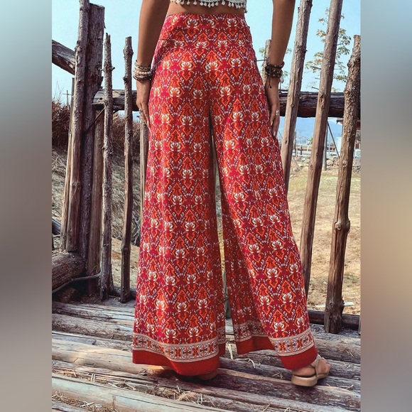 Red Boho Print Wide Leg Pants* - Picture 3 of 5